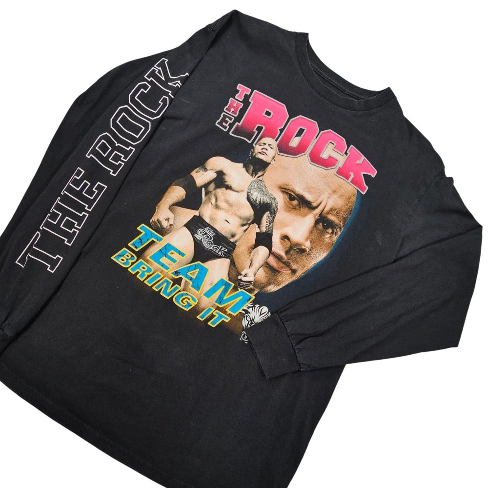 WWE The Rock Team Bring It Graphic Long Sleeve Shirt Mens Medium Black Wrestling